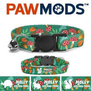 Mushrooms Cat Collar Personalized Toadstools Custom Cat Collar with Name Green Cat Collar Girl Forest Cat Collar Fall Acorn Kitten Collar