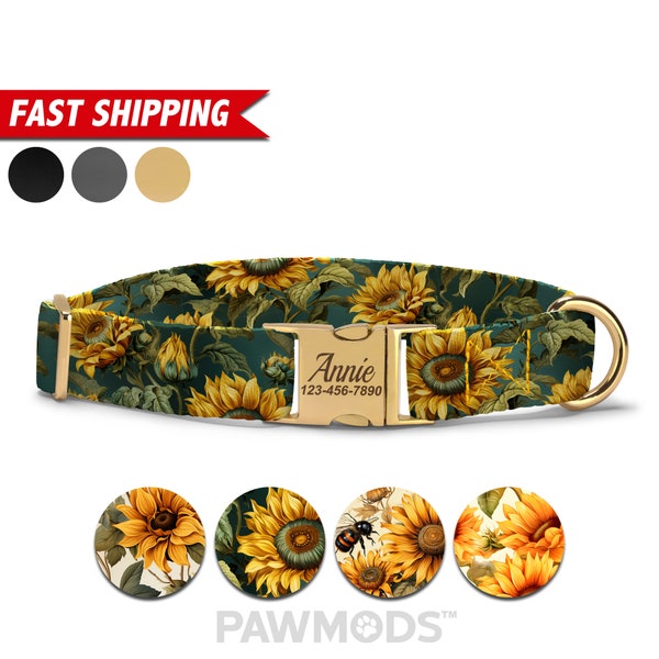 Sunflower Dog Collar Personalized, Green Sunflower Collar, Custom Dog Collar With Name, Soft & Adjustable, Free Personalization, Dog Gift