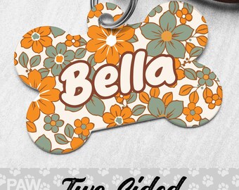 Green Boho Flowers Dog Tags for Dogs Personalized, Boho Floral Dog Tag, Orange Boho Pet Tag, Flower Custom Dog Tag, Dog ID Tag, Dog Gift