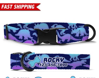 Dinosaur Dog Collar, Personalized Dog Collar, Neon Dino Custom Dog Collar With Name, Soft & Adjustable, Free Personalization, Dog Mom Gift