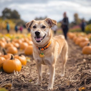 May include: A light brown dog with a bright orange collar and a pumpkin-shaped tag stands in a field of orange pumpkins. The dog is smiling and looking at the camera.