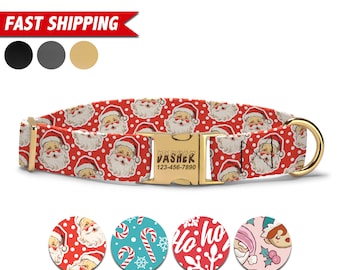 May include: Red and white dog collar with a Santa Claus pattern and gold buckle. The buckle has the text "DASHER 123-456-7890".