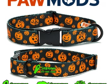 May include: Black and orange dog collar with a pumpkin pattern. The collar has a black buckle and a black D-ring. The collar is adjustable and comes in various sizes. The collar is personalized with the name "Sabrina" and a phone number.