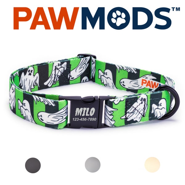 Ghost Dog Collar Personalized Halloween Dog Collar Girl Green Spooky Ghosts Custom Dog Collar with Name & Quick Release Buckle Mom Dog Gift