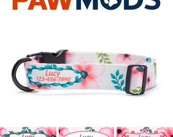 Pink Floral Cherry Blossom Dog Collar Personalized, Watercolor Flower Custom Dog Collar with Name Dog Mom Gift Puppy Collar Girl Dog Collar