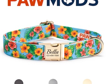 Hibiscus Flower Dog Collar Personalized Dog Collar Floral Hawaiian Dog Collar Girl Puppy Gift with Laser Engraved Metal Quick Release Buckle