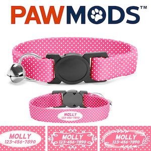May include: Pink cat collar with white polka dots and a black buckle. The collar has a bell and a removable name tag that says "MOLLY 123-456-7890".