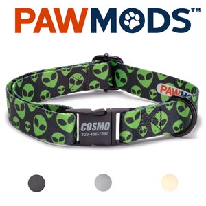 May include: A black and green dog collar with a repeating alien pattern. The collar has a black buckle with the text "COSMO" and the phone number "123-456-7890".