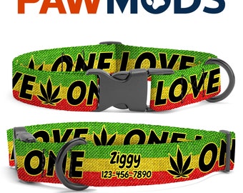 Rasta One Love Dog Collar Personalized Jamaica Reggae Dog Collar Marijuana Leaf Custom Dog Collar with Name Rastafari Dog Collar Dog Gift