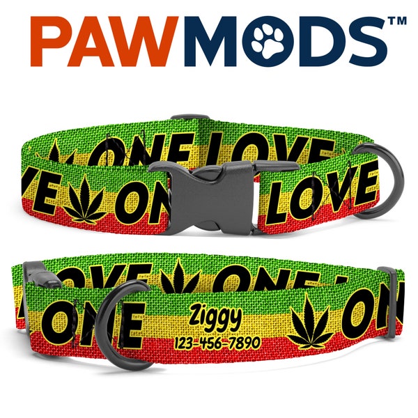 Rasta One Love Dog Collar Personalized Jamaica Reggae Dog Collar Marijuana Leaf Custom Dog Collar with Name Rastafari Dog Collar Dog Gift