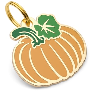 May include: Gold-colored metal pumpkin-shaped dog tag with a green stem and leaf.