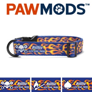 May include: Blue dog collar with a flame pattern and the name "Billie" and phone number "123-456-7890" printed on it. The collar has a black buckle and a black D-ring.