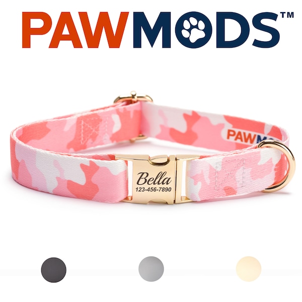 Collar de perro de camuflaje rosa Collar de perro de camuflaje personalizado Collar de perro de caza para niña Regalo para cachorros Hebilla de liberación rápida de metal grabado con láser