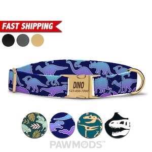 Dinosaur Dog Collar, Personalized Dog Collar With Name, Neon Dino Custom Dog Collar, Cute Soft & Adjustable, Engraved Quick Release Buckle