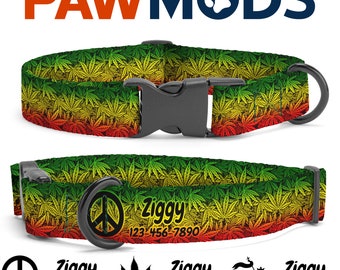 Marijuana Leaves Rasta Dog Collar Personalized Jamaica Dog Collar Reggae Dog Collar Custom Dog Collar with Name Rastafari Dog Collar Gift