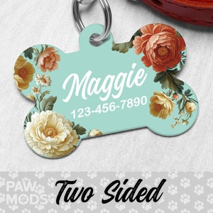 French Floral Dog Tag, Pastel Floral Dog Tag Personalized, Pink Flowers Pet Tag, Custom Dog Tag, Dog ID Tag, Pet ID, Double Sided Dog Tag