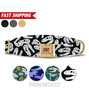 Dinosaur Dog Collar, Personalized Dog Collar With Name, T Rex Dino Skull Custom Dog Collar, Cute Soft & Adjustable, Quick Release Buckle