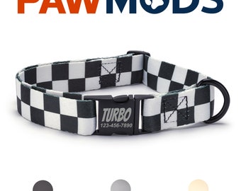 Geruite halsband, gepersonaliseerde halsband met naam, verstelbare Heavy Duty, maten XSmall - XLarge Racing Chess Punk Dog Collar Dog Gift