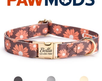 Peach Daisy Dog Collar Personalized Boho Daisy Flower Dog Collar Girl Floral Puppy Gift with Laser Engraved Metal Quick Release Buckle