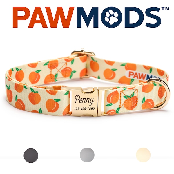 Peaches Dog Collar Personalized Fruit Peach Dog Collar Girl Custom Dog Collar with Name Puppy Gift Laser Engraved Metal Quick Release Buckle