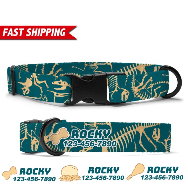 Dinosaur Dog Collar, Personalized Dog Collar, Dino Bones Custom Dog Collar With Name, Soft & Adjustable, Free Personalization, Dog Mom Gift