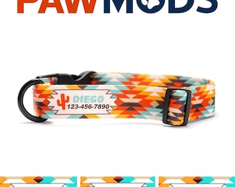 May include: A colorful dog collar with a geometric pattern in shades of orange, yellow, blue, and brown. The collar has a black buckle and a personalized tag that reads "DIEGO 123-456-7890" with a cactus icon.
