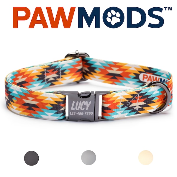 Aztec Dog Collar Personalized Custom Western Dog Collars Southwest Mexican Serape Puppy Gift with Laser Engraved Metal Quick Release Buckle