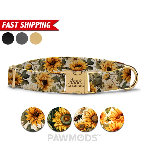 Sunflower Dog Collar Personalized, Yellow Sunflower Collar, Custom Dog Collar With Name, Soft & Adjustable, Free Personalization, Dog Gift