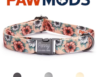 Petunia Flower Dog Collar Personalized Peach Boho Floral Dog Collar Girl Custom Puppy Gift with Laser Engraved Metal Quick Release Buckle