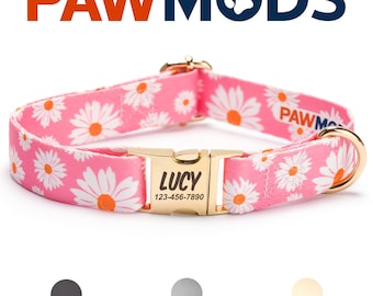 Daisy Dog Collar Personalized Dog Collar Flower Pink Dog Collar Girl Floral Puppy Gift with Laser Engraved Metal Quick Release Buckle