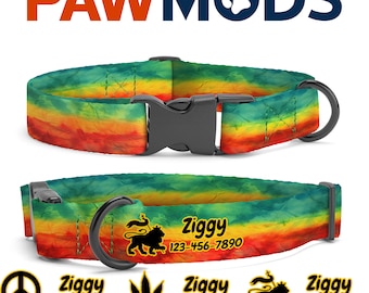 Tie Dye Rasta Dog Collar Personalized Jamaica Dog Collar Reggae Dog Collar Custom Dog Collar with Name Rastafari Dog Collar Dog Gift