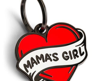 Mama's Girl Dog Tag Personalized, Tattoo Red Heart Pet ID, Custom Engraved Hard Enamel Puppy Gift