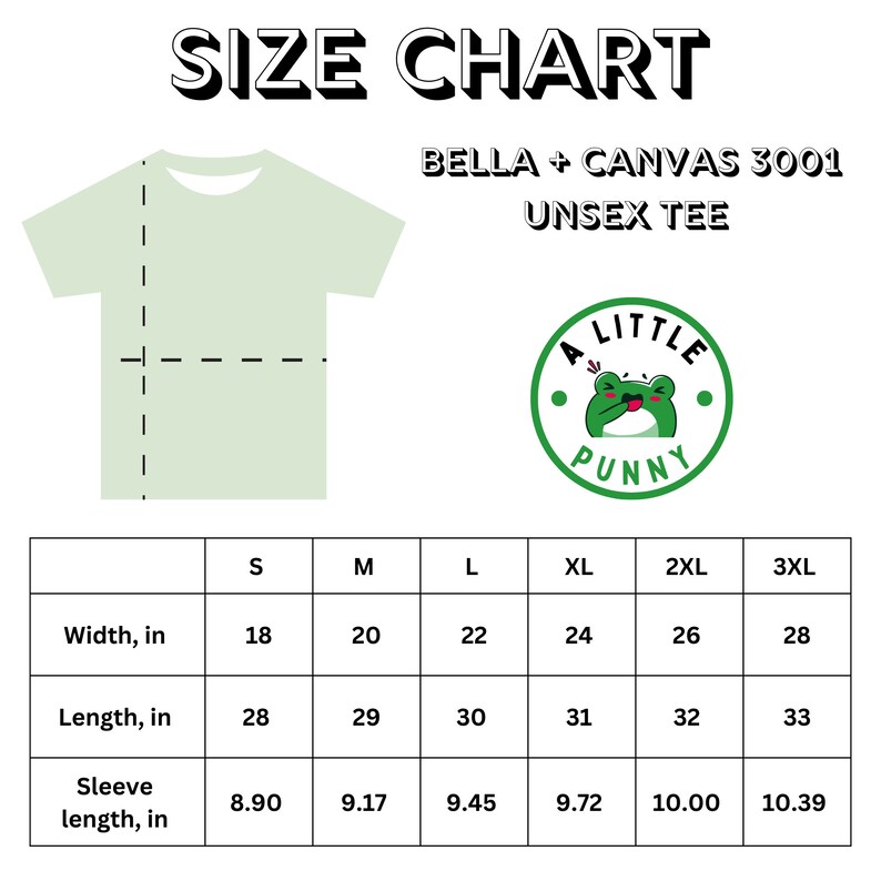 Op de afbeelding: Maattabel voor een Bella + Canvas 3001 unisex T-shirt. De tabel toont de afmetingen in inches voor breedte, lengte en mouwlengte voor de maten S, M, L, XL, 2XL en 3XL.