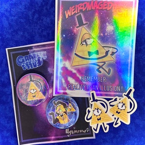 Gravity Falls Bill Cipher Print + Button + Sticker Bundle