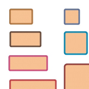 Könnte beinhalten: Sechs rechteckige Rahmen in verschiedenen Größen mit beigefarbenem Hintergrund und verschiedenen farbigen Rändern. Die Rahmen sind braun, blau, rosa, rot und braun.
