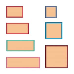 Puede incluir: Seis marcos rectangulares de diferentes tamaños con bordes de varios colores. Los marcos están vacíos y tienen un fondo marrón claro.
