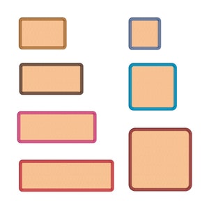 以下が含まれることがあります： ステッチの縁取りが施された、異なる6つの空白の四角いフレーム。フレームは、茶色、ピンク、青、赤など、さまざまな色です。