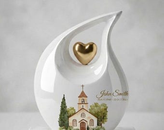 Urnas para cinzas humanas, Urna crematória grande em formato de lágrima | Cena de igreja pintada à mão, Memorial Coração Dourado