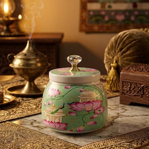 May include: A decorative ceramic jar with a crystal knob on the lid. The jar has a light green background with pink lotus flowers, peacock illustrations, and architectural elements. The jar is on a marble surface.