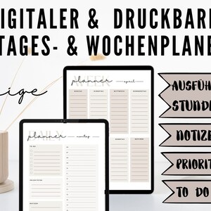 Könnte beinhalten: Beigefarbene digitale und druckbare Tages- und Wochenplaner-Vorlagen. Die Vorlagen beinhalten Abschnitte für To-Do-Listen, Notizen, Prioritäten und einen detaillierten Stundenplan.