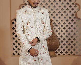 White Embroidered Sherwani, Indian Groom Wedding Outfit