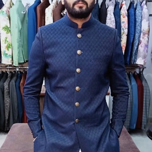 Blue Thread Embroidered Sherwani for Men: Indian Wedding Groom Outfit