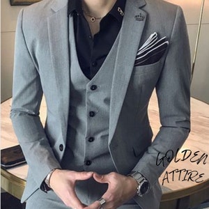 Grey 3-Piece Suit: Men&#39;s Wedding Groom Dinner Suit