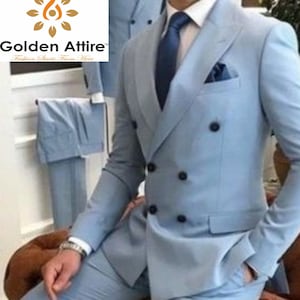 Sky Blue Double Breasted Suit: Custom Two-Piece Tuxedo Wedding Suit