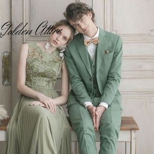 Zielony trzyczęściowy garnitur: męski strój ślubny dla pana młodego