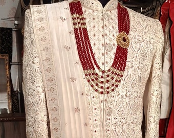 Ivory Sherwani for Groom, Thread Embroidered Wedding Outfit