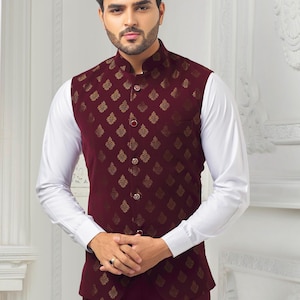 Maroon Printed Nehru Jacket: Men&#39;s Modi Waistcoat for Wedding