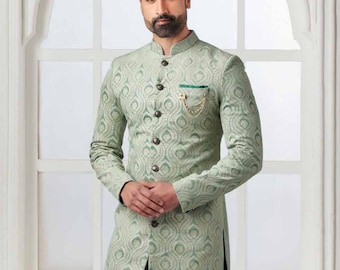 Sage Green Sherwani For Men, Thread Embroidered Sherwani, wedding Sherwani, premium sherwani, Indo Western set, wedding suit, Groom Outfit,