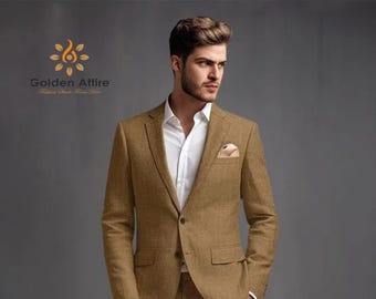 Traje de lino marrón para hombre: Traje de novio de dos piezas personalizable
