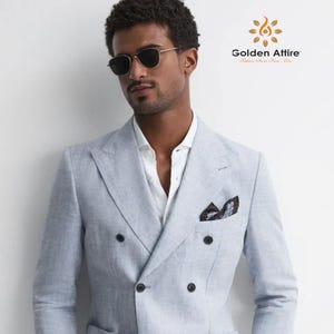 Sky Blue Linen Double-Breasted Suit, Customizable Tailoring Suit